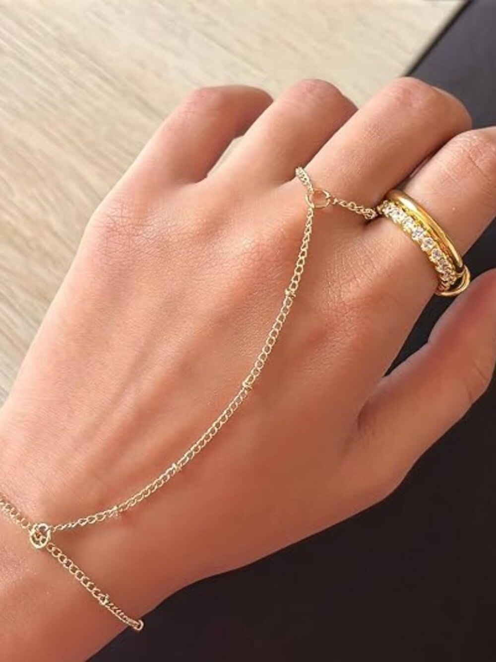 3PCS 14K Gold Plated Hand Chain Bracelet Set for Women |Adjustable Ring Bracelet
